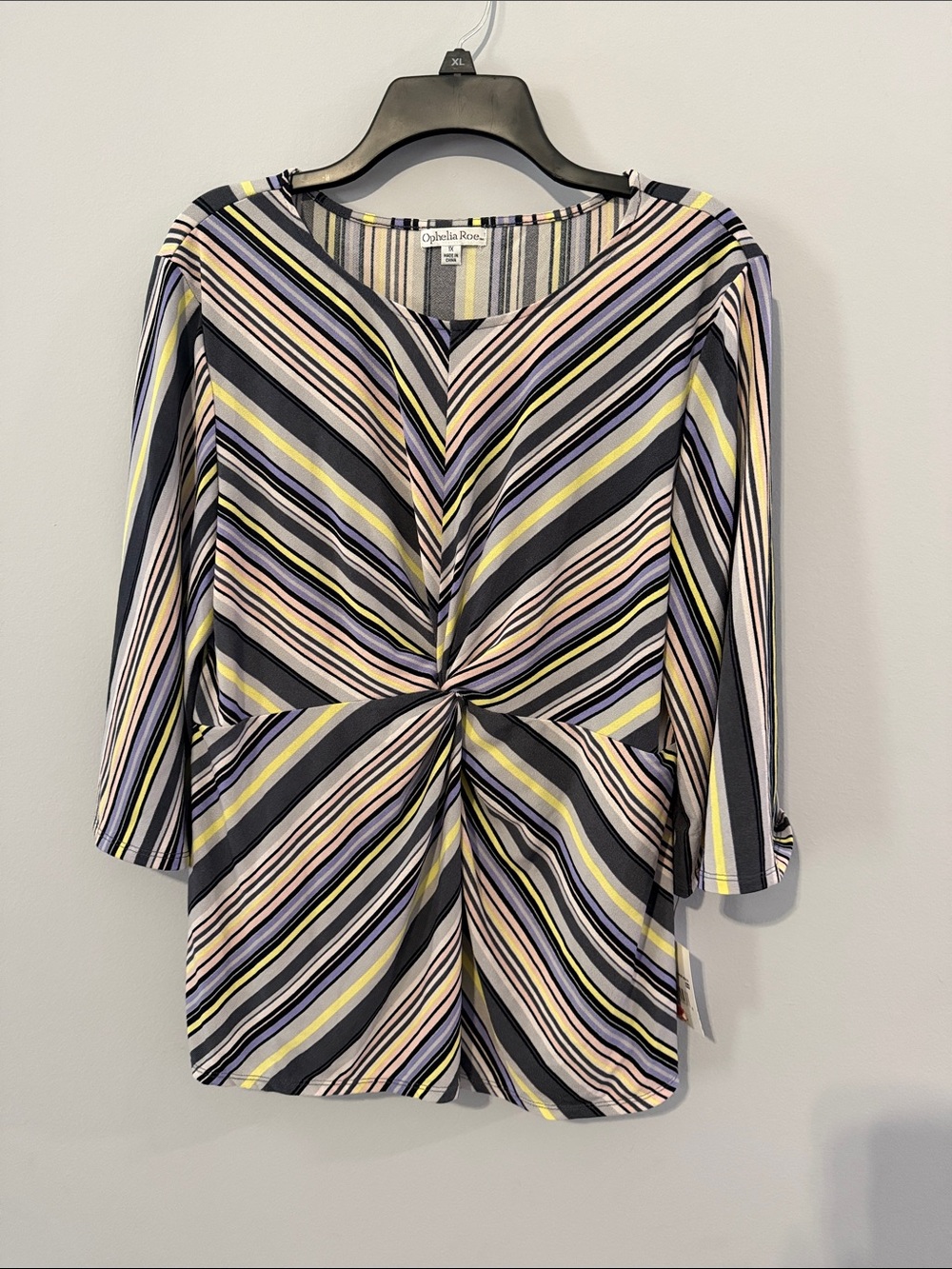 Ophelia Rose Striped Twist-Front Tunic in Yellow, Gray & Pink